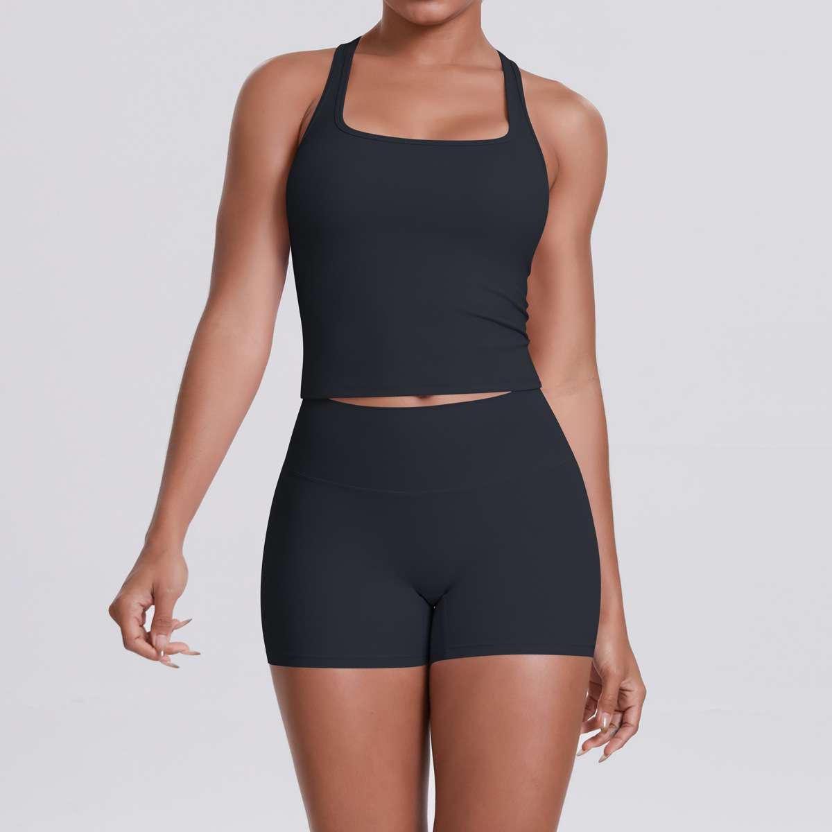 Naked Soft Fitness Set, Sleeveless Racerback Top 10 Colors, Hip Lifting Matching Shorts 10 Colors, YFYS7122+YFYS7101