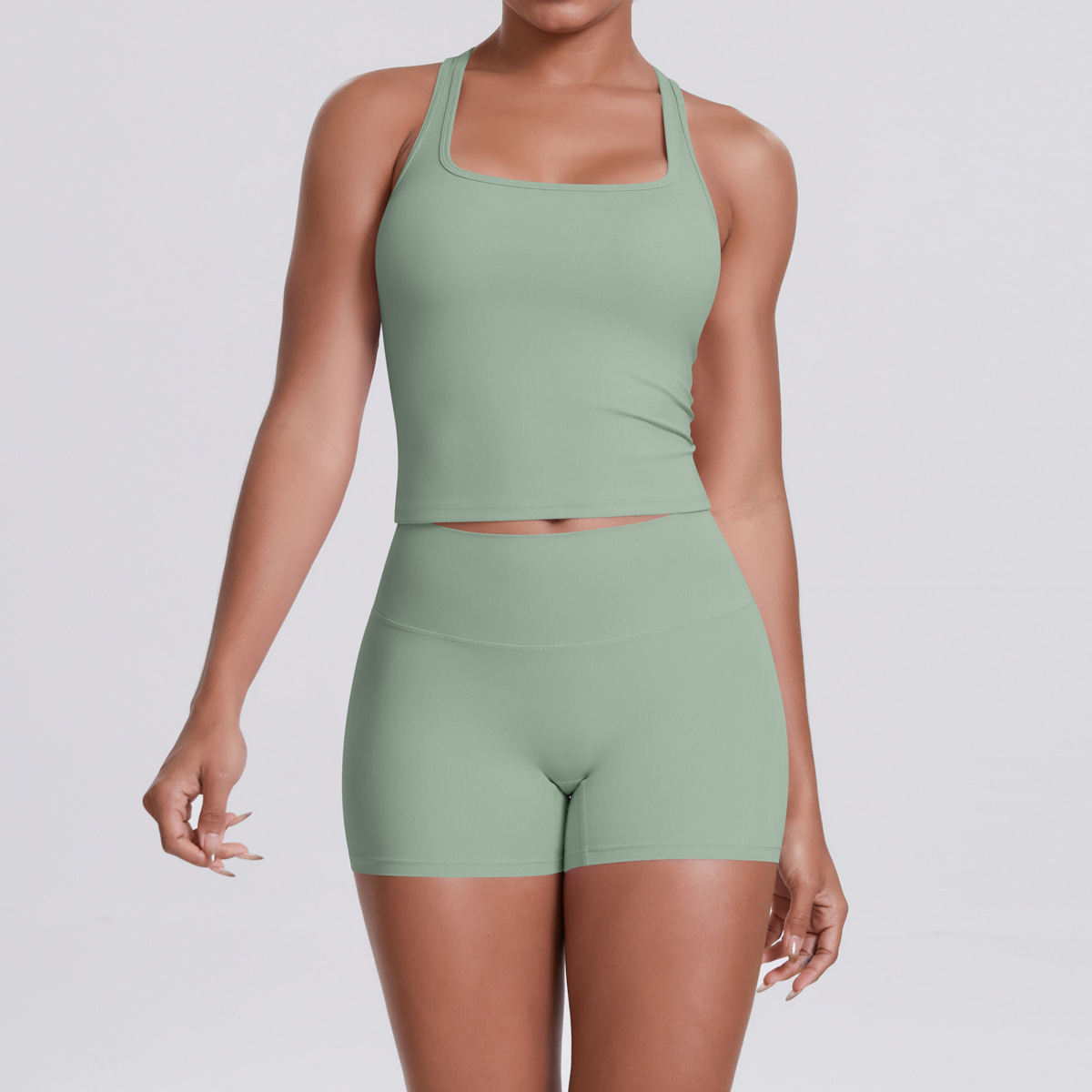 Naked Soft Fitness Set, Sleeveless Racerback Top 10 Colors, Hip Lifting Matching Shorts 10 Colors, YFYS7122+YFYS7101