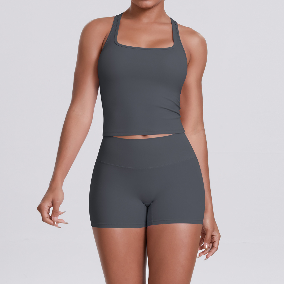 Naked Soft Fitness Set, Sleeveless Racerback Top 10 Colors, Hip Lifting Matching Shorts 10 Colors, YFYS7122+YFYS7101