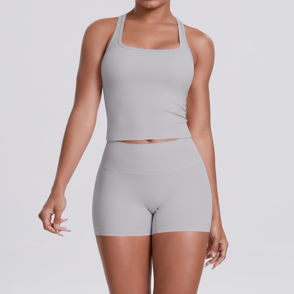 Naked Soft Fitness Set, Sleeveless Racerback Top 10 Colors, Hip Lifting Matching Shorts 10 Colors, YFYS7122+YFYS7101