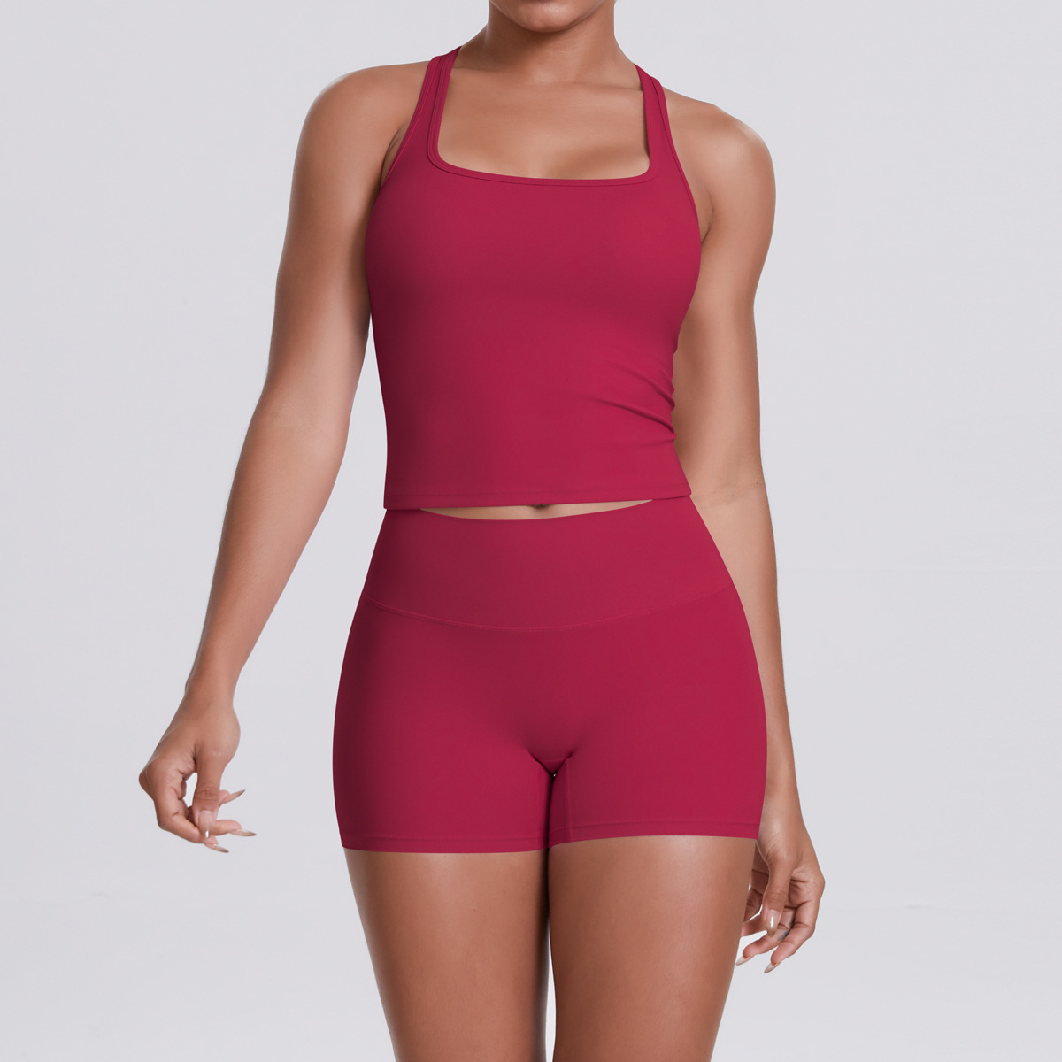 Naked Soft Fitness Set, Sleeveless Racerback Top 10 Colors, Hip Lifting Matching Shorts 10 Colors, YFYS7122+YFYS7101