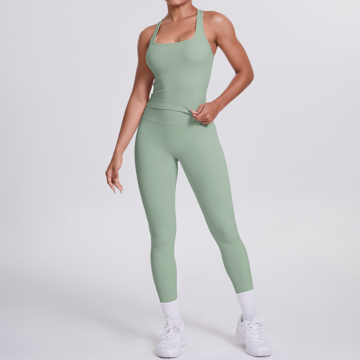 Daily Casual Yoga Matching Outfit, Sleeveless Racerback Long Top 10 Colors, Butt Lifting Ankle Length Leggings 10 Colors, YFYS7122+YFYS7100