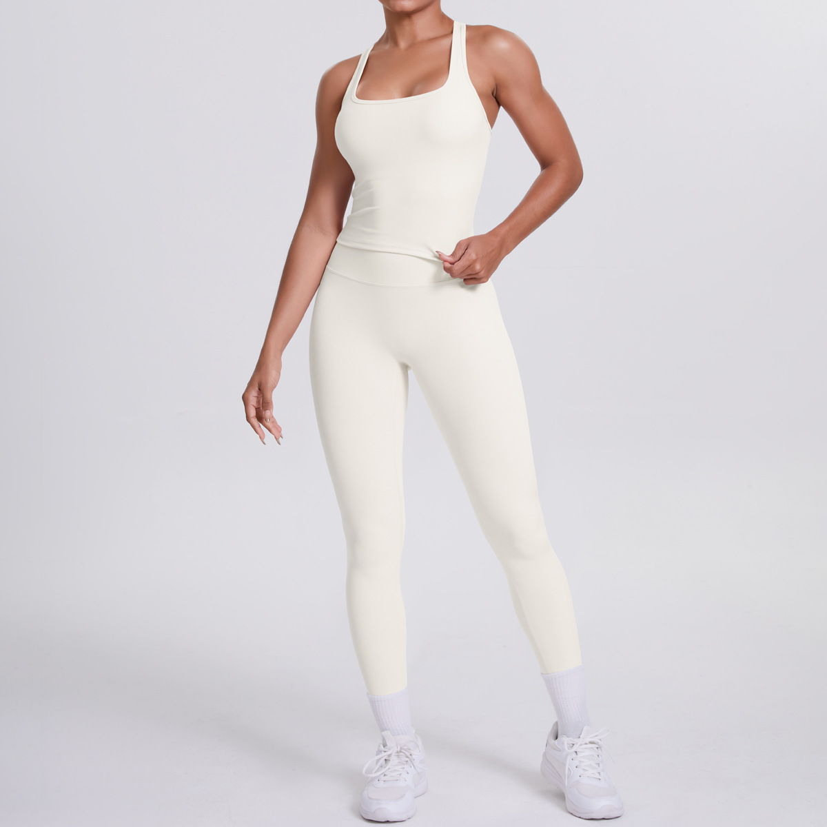 Daily Casual Yoga Matching Outfit, Sleeveless Racerback Long Top 10 Colors, Butt Lifting Ankle Length Leggings 10 Colors, YFYS7122+YFYS7100