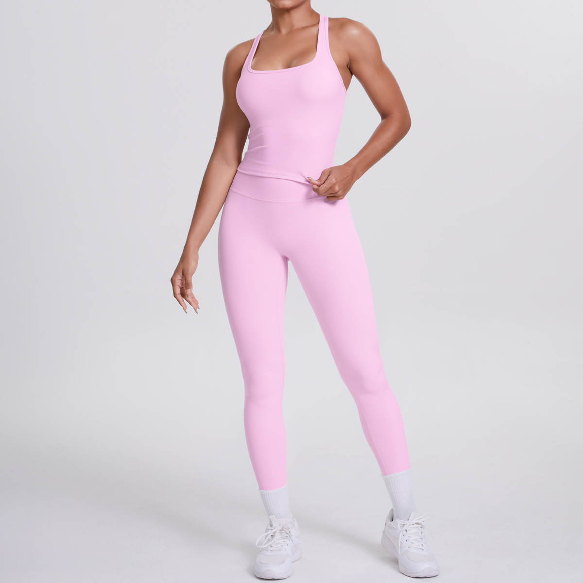 Daily Casual Yoga Matching Outfit, Sleeveless Racerback Long Top 10 Colors, Butt Lifting Ankle Length Leggings 10 Colors, YFYS7122+YFYS7100