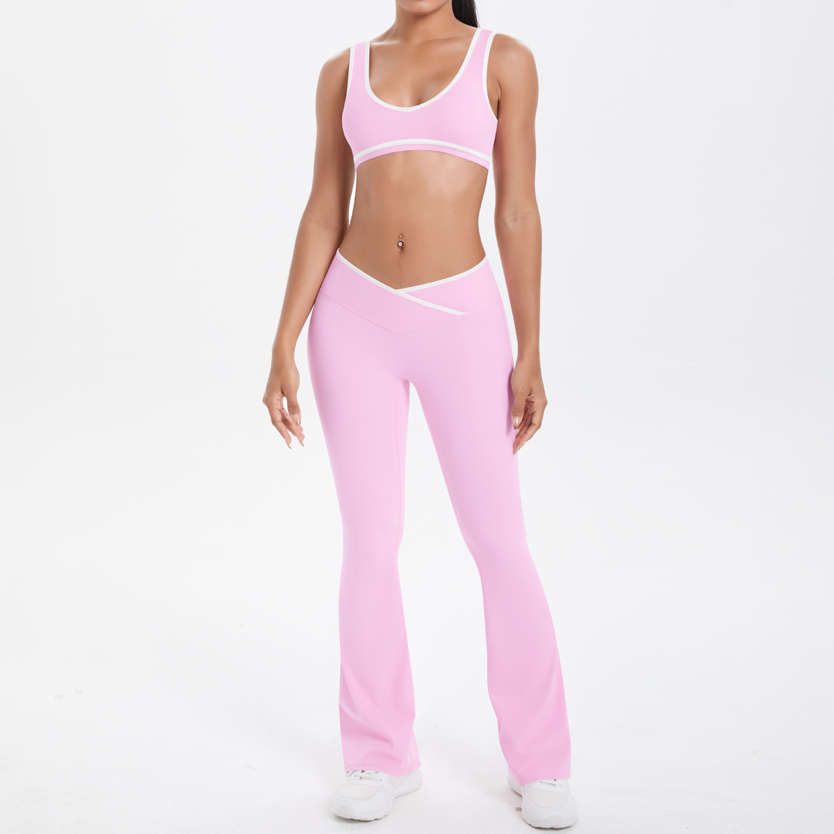 Quick Dry Training Set, White Piping Sleeveless Bra 7 Colors, Cross Waist Anti Roll Flare Leggings 7 Colors, YFYS7120+YFYS7116