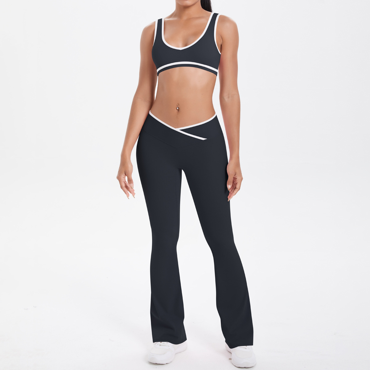 Quick Dry Training Set, White Piping Sleeveless Bra 7 Colors, Cross Waist Anti Roll Flare Leggings 7 Colors, YFYS7120+YFYS7116
