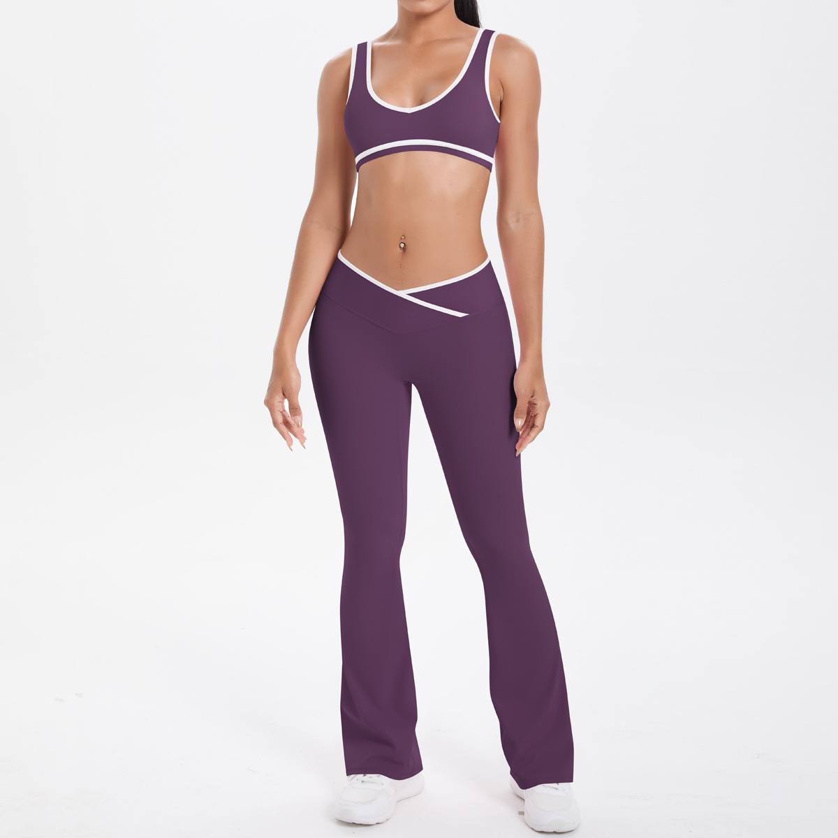 Quick Dry Training Set, White Piping Sleeveless Bra 7 Colors, Cross Waist Anti Roll Flare Leggings 7 Colors, YFYS7120+YFYS7116