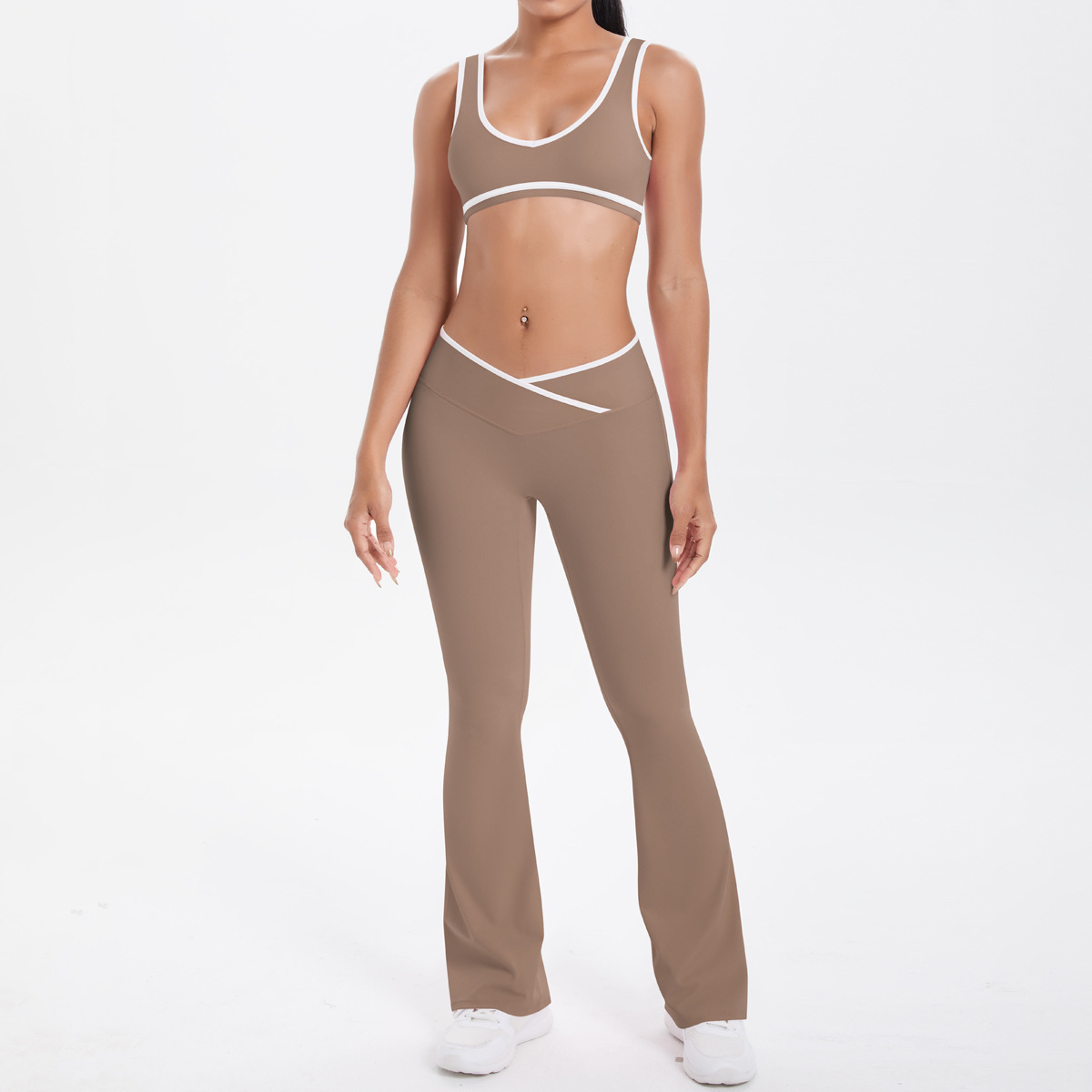 Quick Dry Training Set, White Piping Sleeveless Bra 7 Colors, Cross Waist Anti Roll Flare Leggings 7 Colors, YFYS7120+YFYS7116