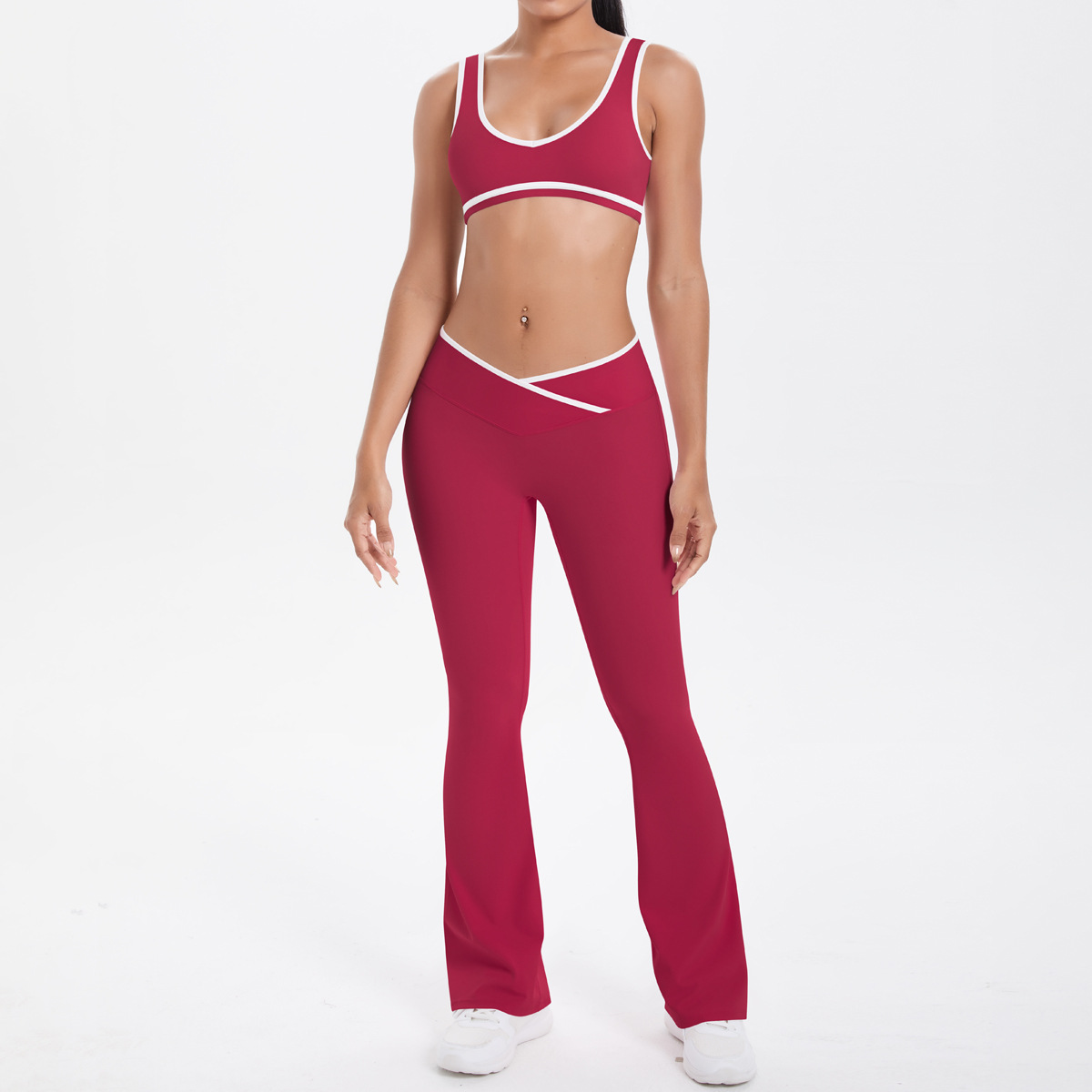 Quick Dry Training Set, White Piping Sleeveless Bra 7 Colors, Cross Waist Anti Roll Flare Leggings 7 Colors, YFYS7120+YFYS7116