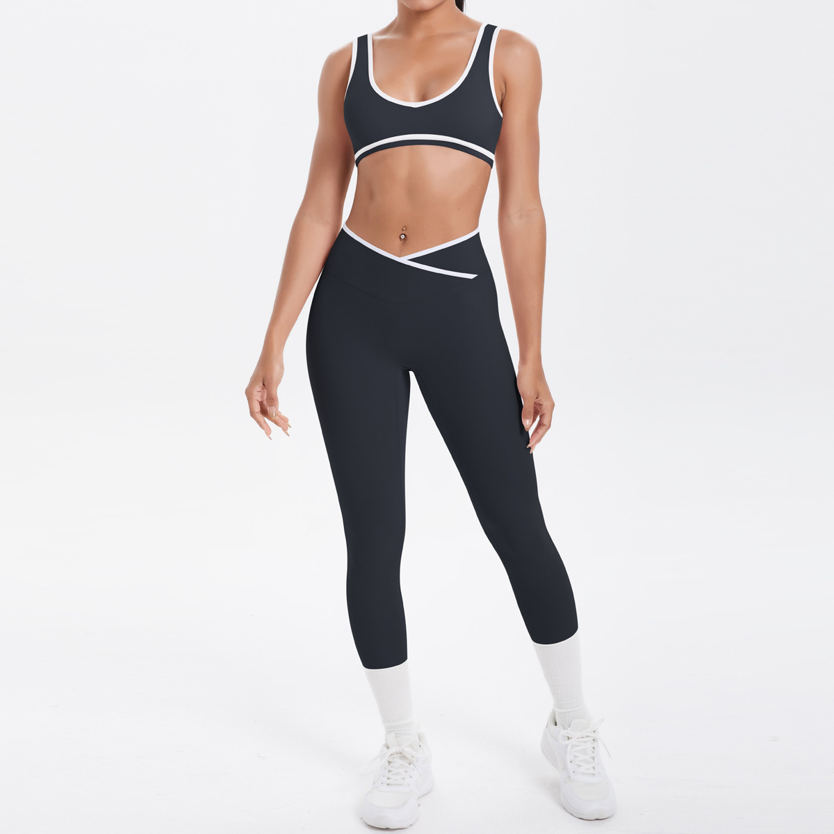 Quick Dry Training Set, White Piping Sleeveless Bra 7 Colors, Cross Waist Anti Roll Cropped Leggings 7 Colors, YFYS7120+YFYS7118
