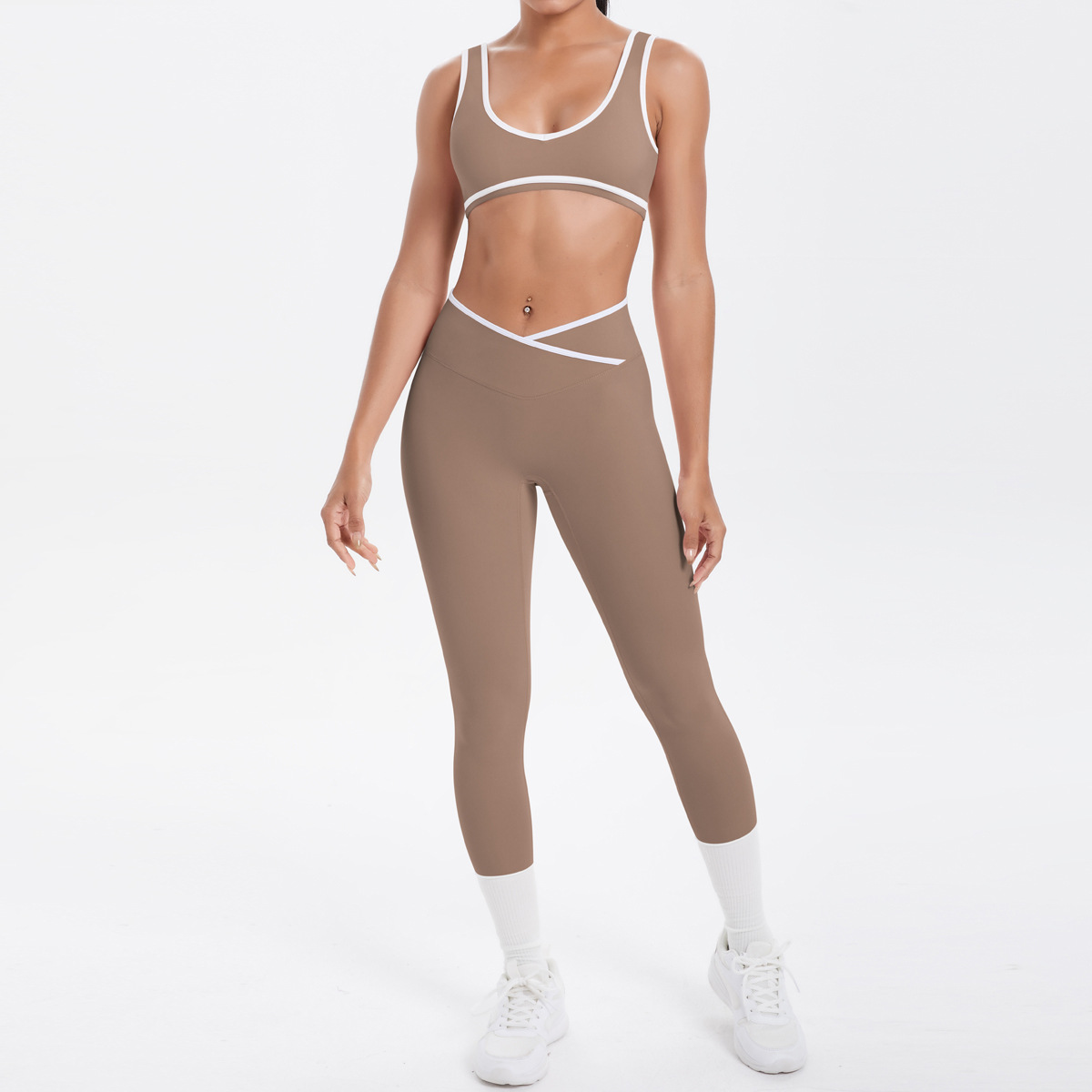 Quick Dry Training Set, White Piping Sleeveless Bra 7 Colors, Cross Waist Anti Roll Cropped Leggings 7 Colors, YFYS7120+YFYS7118