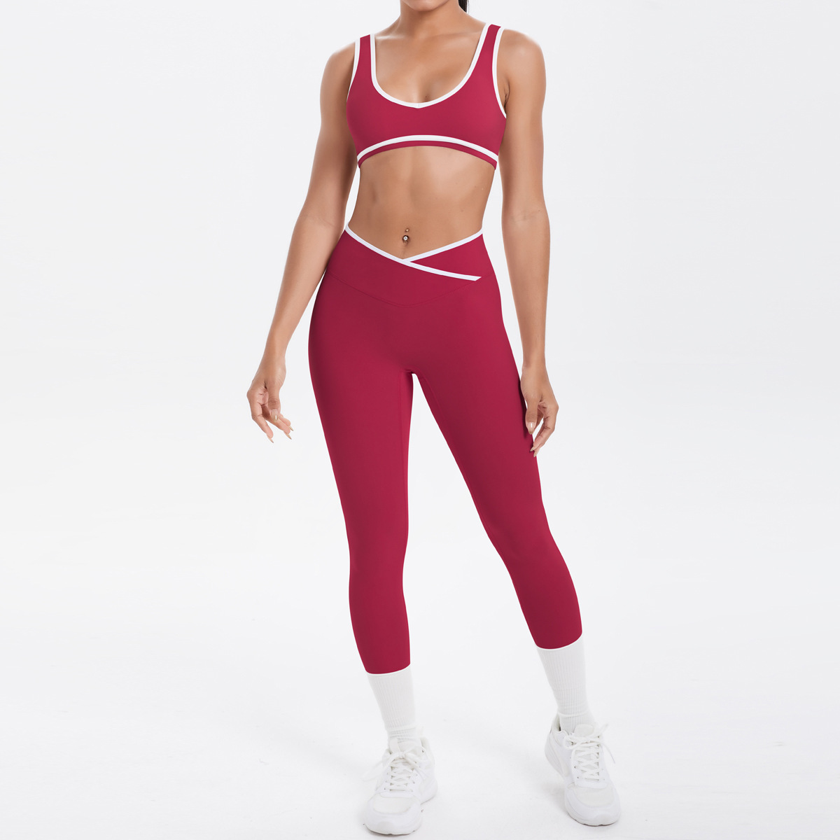 Quick Dry Training Set, White Piping Sleeveless Bra 7 Colors, Cross Waist Anti Roll Cropped Leggings 7 Colors, YFYS7120+YFYS7118