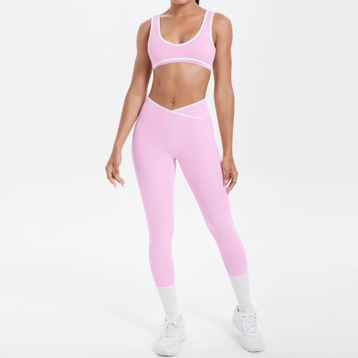 Quick Dry Training Set, White Piping Sleeveless Bra 7 Colors, Cross Waist Anti Roll Cropped Leggings 7 Colors, YFYS7120+YFYS7118
