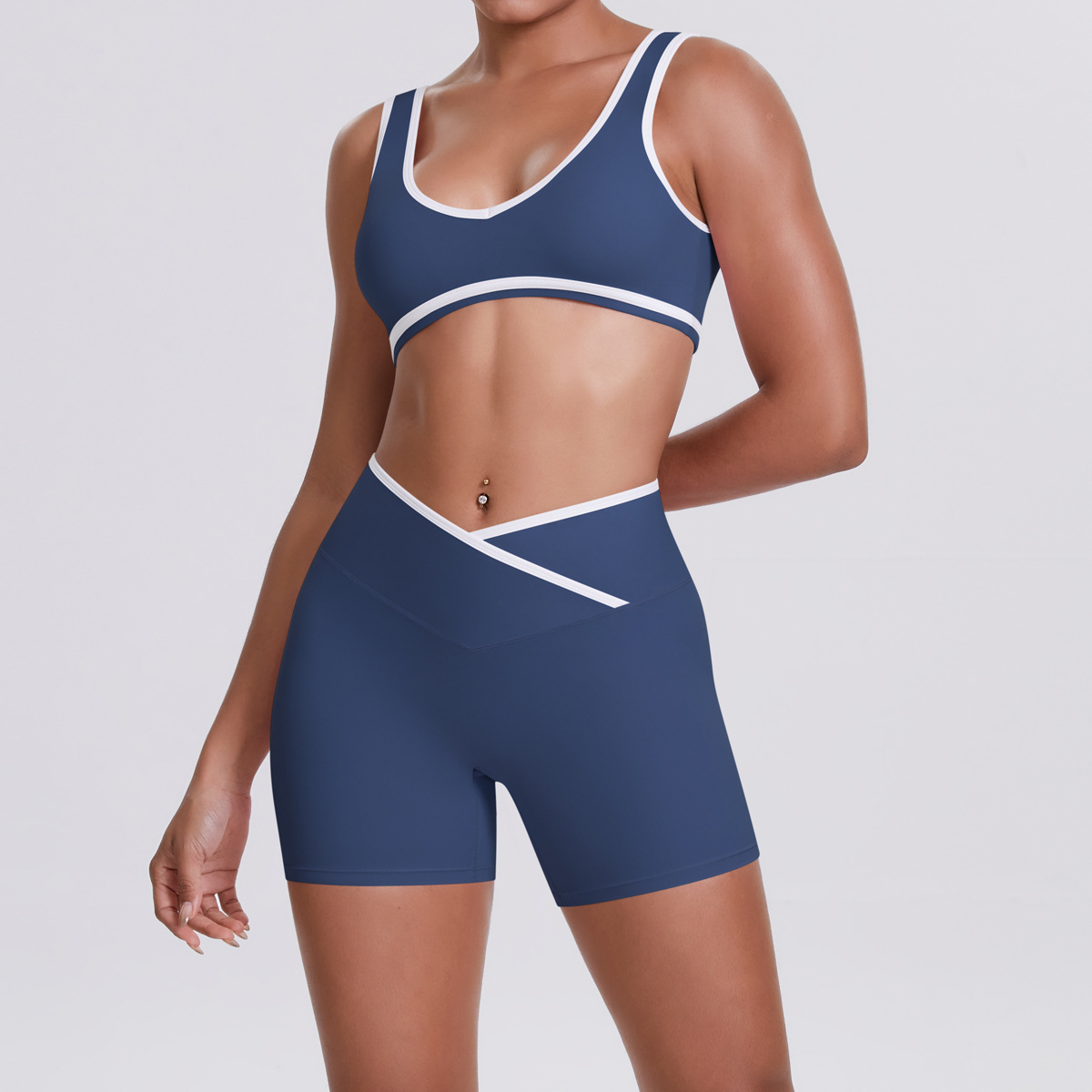 Medium Support Gym Suit, White Edge U Neck Sports Top 7 Colors, Wrap Waist Workout Shorts 7 Colors, YFYS7120+YFYS7117