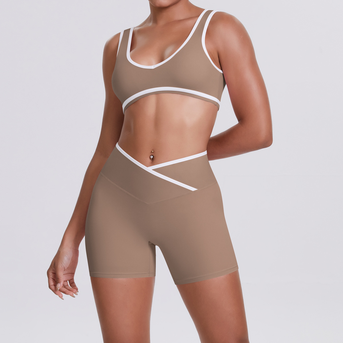 Medium Support Gym Suit, White Edge U Neck Sports Top 7 Colors, Wrap Waist Workout Shorts 7 Colors, YFYS7120+YFYS7117