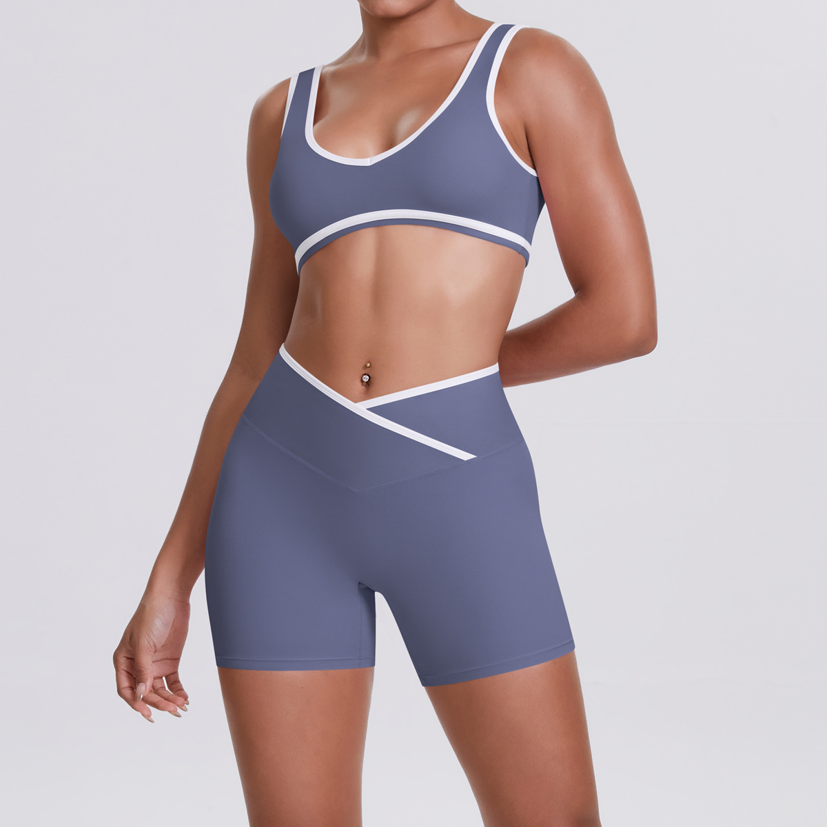 Medium Support Gym Suit, White Edge U Neck Sports Top 7 Colors, Wrap Waist Workout Shorts 7 Colors, YFYS7120+YFYS7117