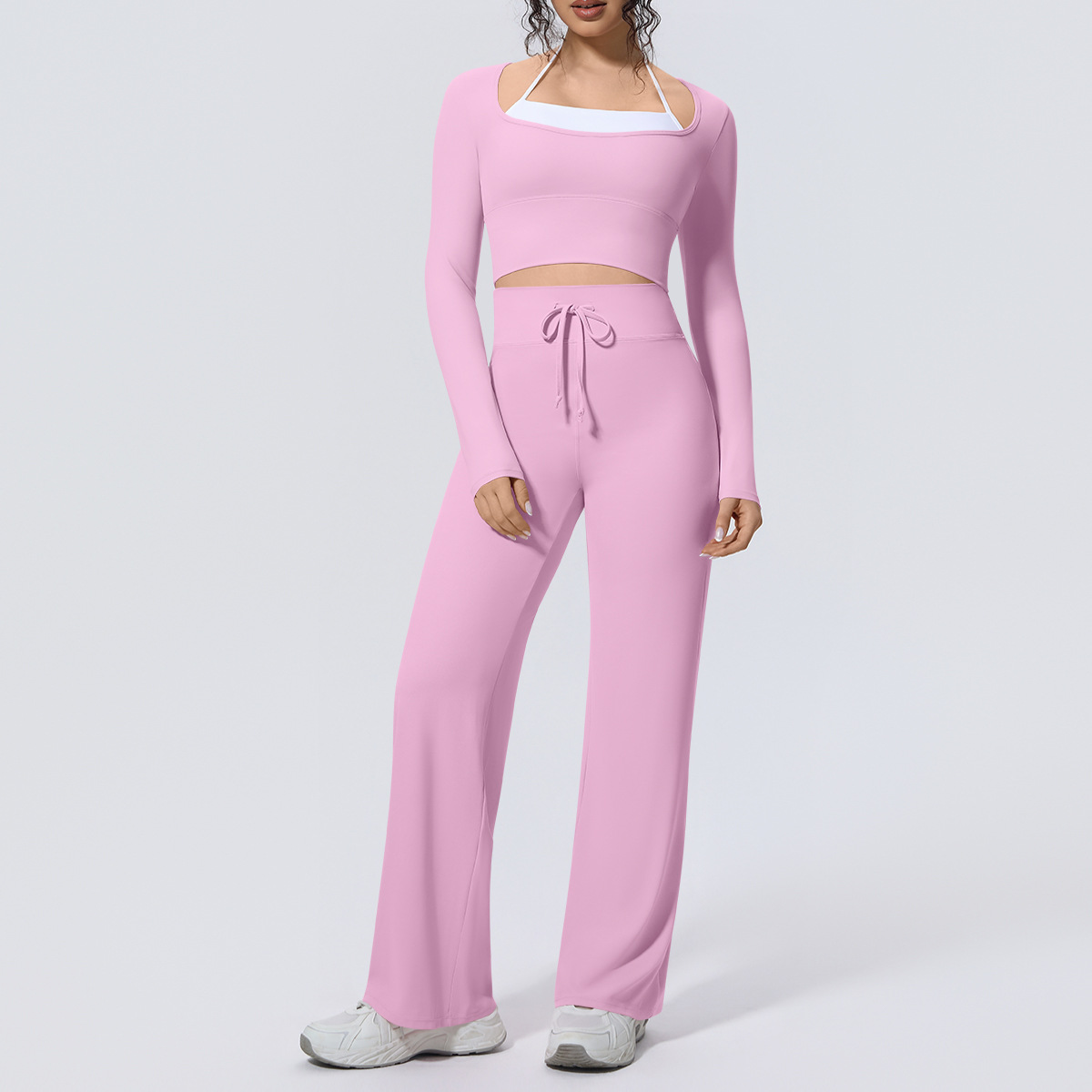 Light Fashion Matching Outfit, Layered Long Sleeve Top 5 Colors, Drawstring Waist High Waist Pants 5 Colors, YFYS7145+YFYS7144