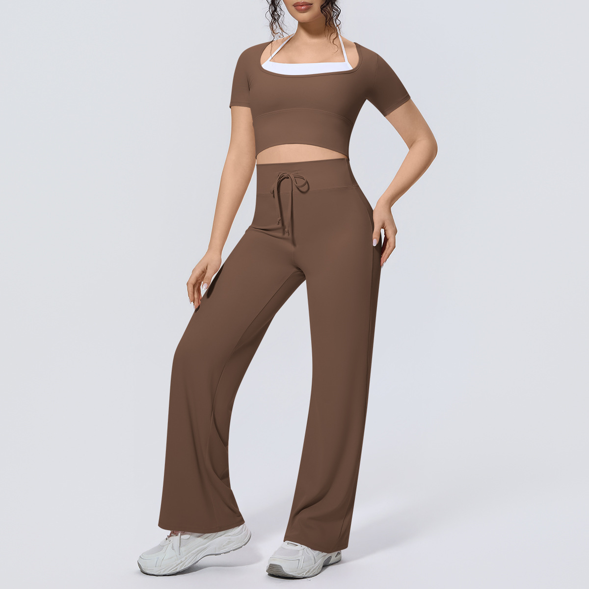 Lightweight Fashion Matching Outfit, Fake Two-Piece Short Sleeve Top 5 Colors, Wide Leg Training Pants 5 Colors, YFYS7146+YFYS7144