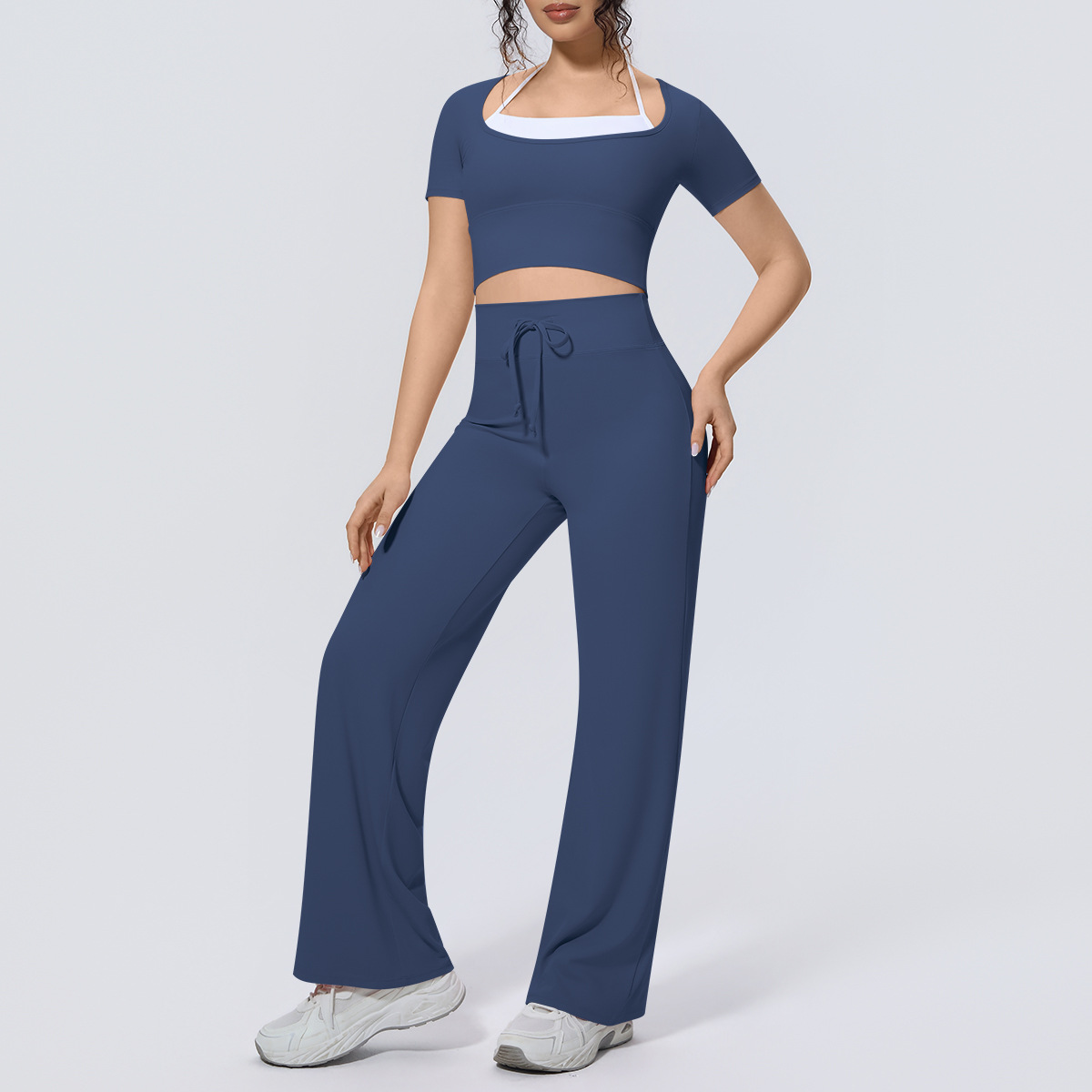 Lightweight Fashion Matching Outfit, Fake Two-Piece Short Sleeve Top 5 Colors, Wide Leg Training Pants 5 Colors, YFYS7146+YFYS7144