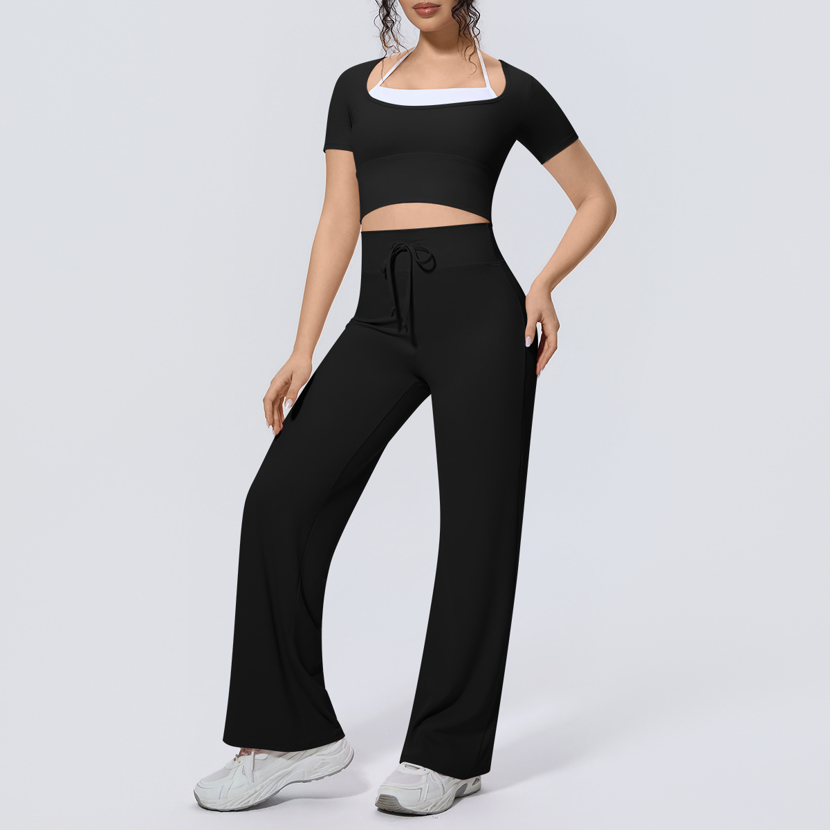 Lightweight Fashion Matching Outfit, Fake Two-Piece Short Sleeve Top 5 Colors, Wide Leg Training Pants 5 Colors, YFYS7146+YFYS7144