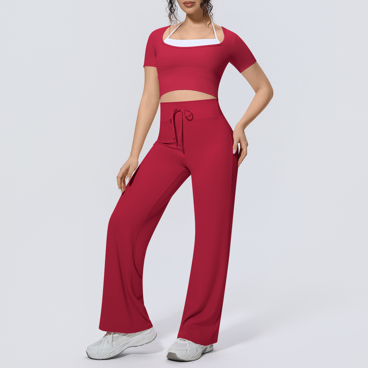 Lightweight Fashion Matching Outfit, Fake Two-Piece Short Sleeve Top 5 Colors, Wide Leg Training Pants 5 Colors, YFYS7146+YFYS7144