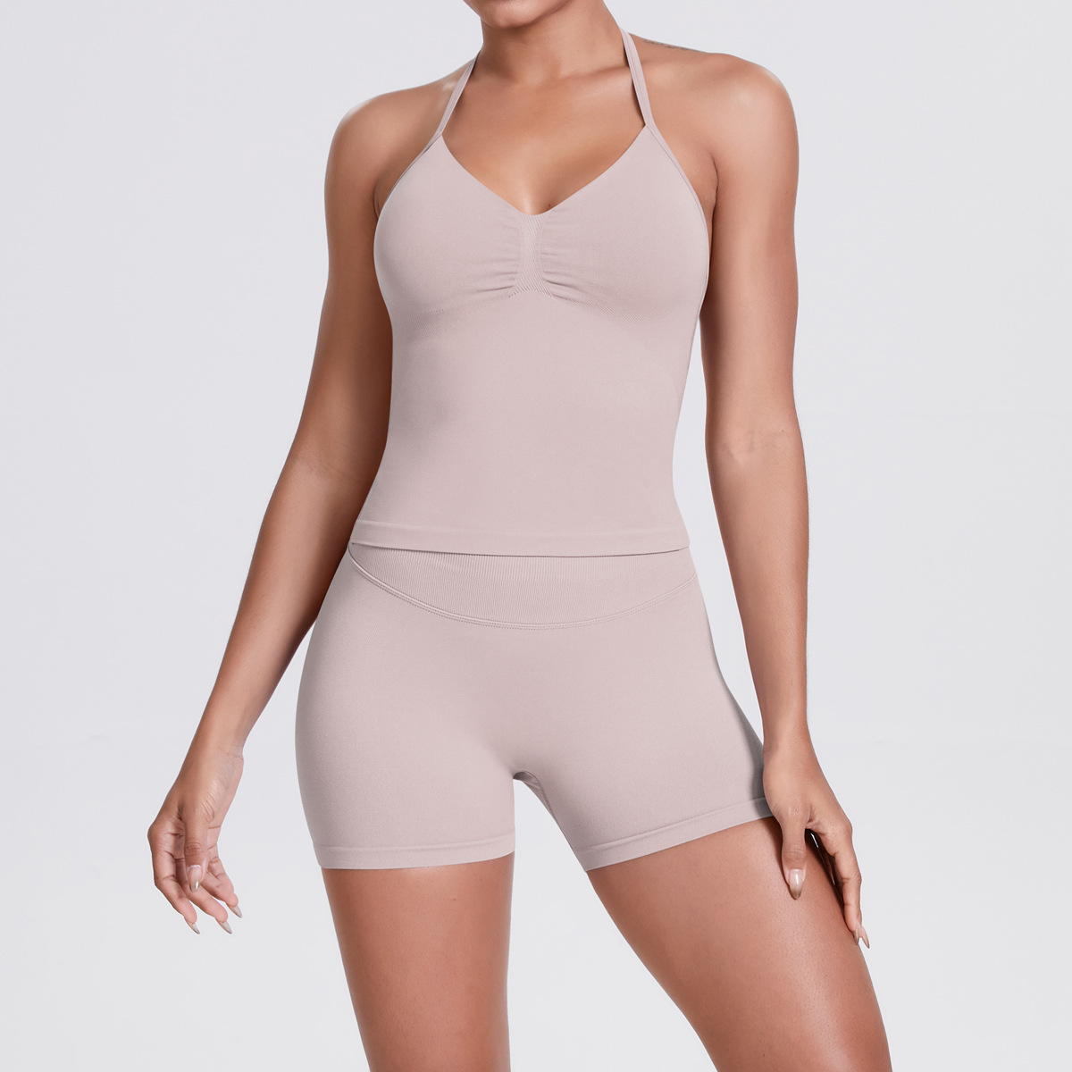 Naked Soft Fitness Set, Thin Halter Back Long Crop Tank 28 Colors, Tummy Control Compression Shorts 28 Colors, YFYS6700+YFYS6688