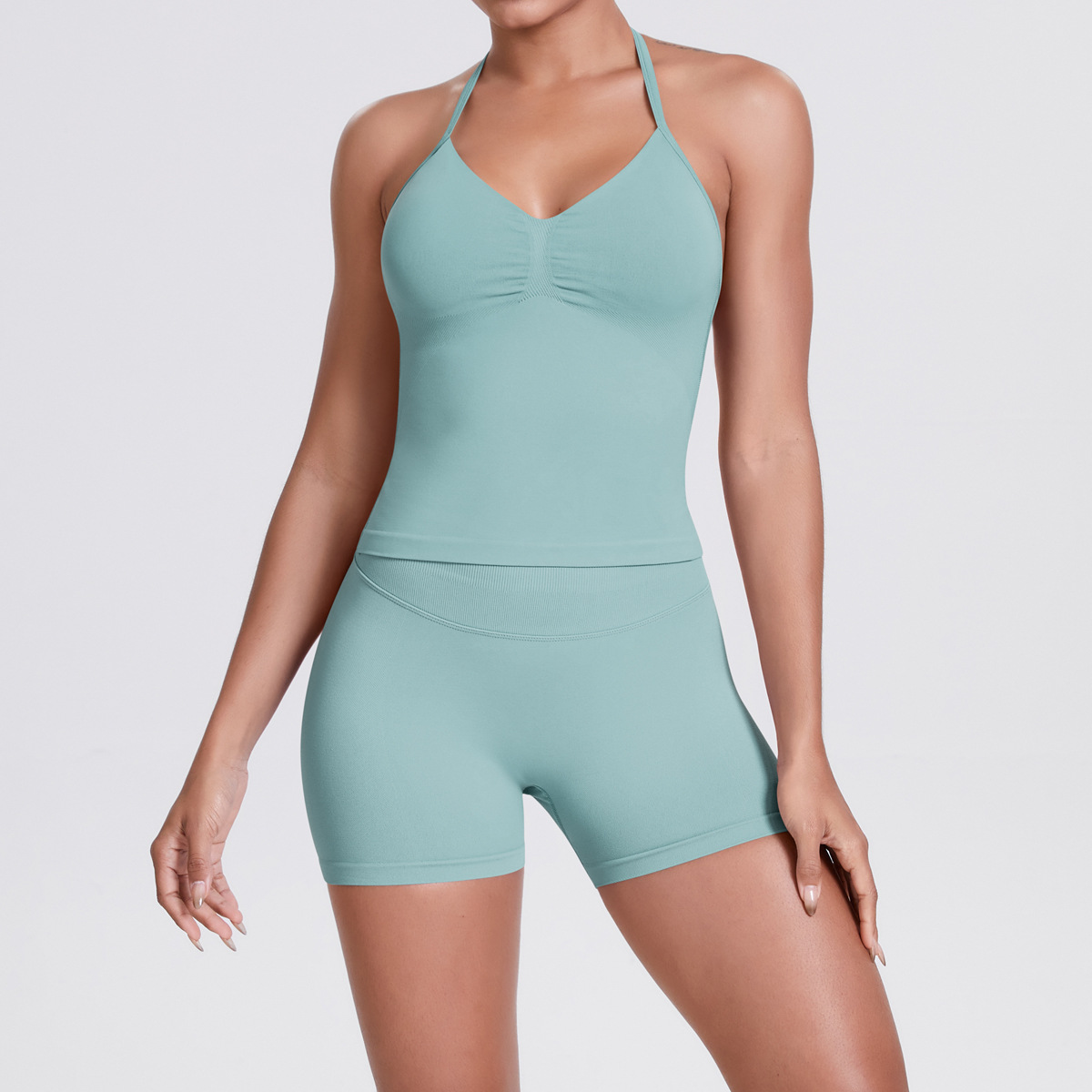 Naked Soft Fitness Set, Thin Halter Back Long Crop Tank 28 Colors, Tummy Control Compression Shorts 28 Colors, YFYS6700+YFYS6688