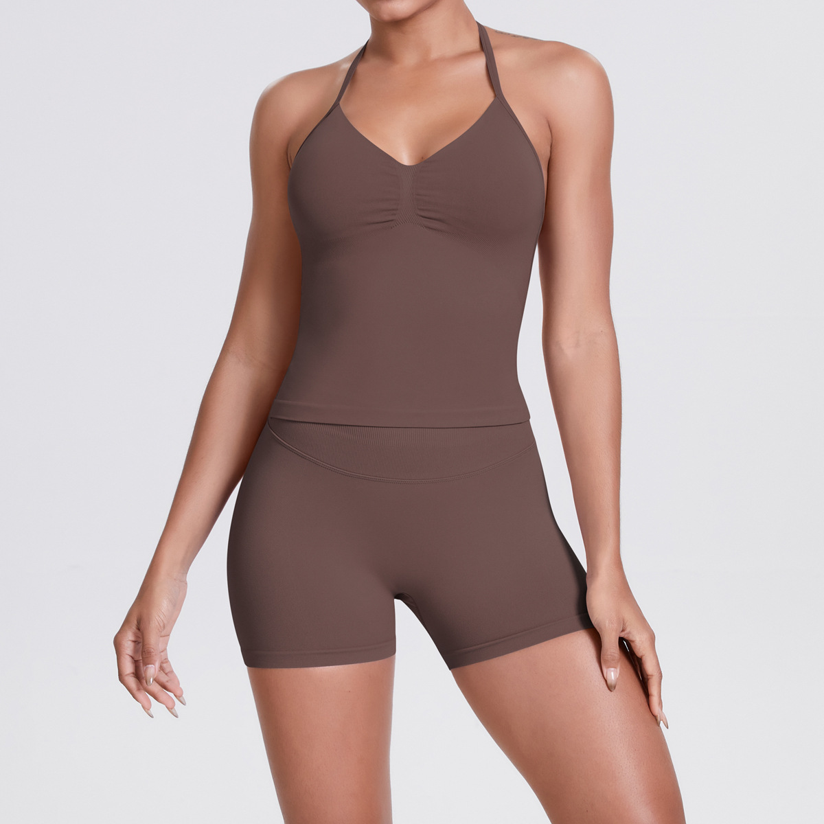 Naked Soft Fitness Set, Thin Halter Back Long Crop Tank 28 Colors, Tummy Control Compression Shorts 28 Colors, YFYS6700+YFYS6688