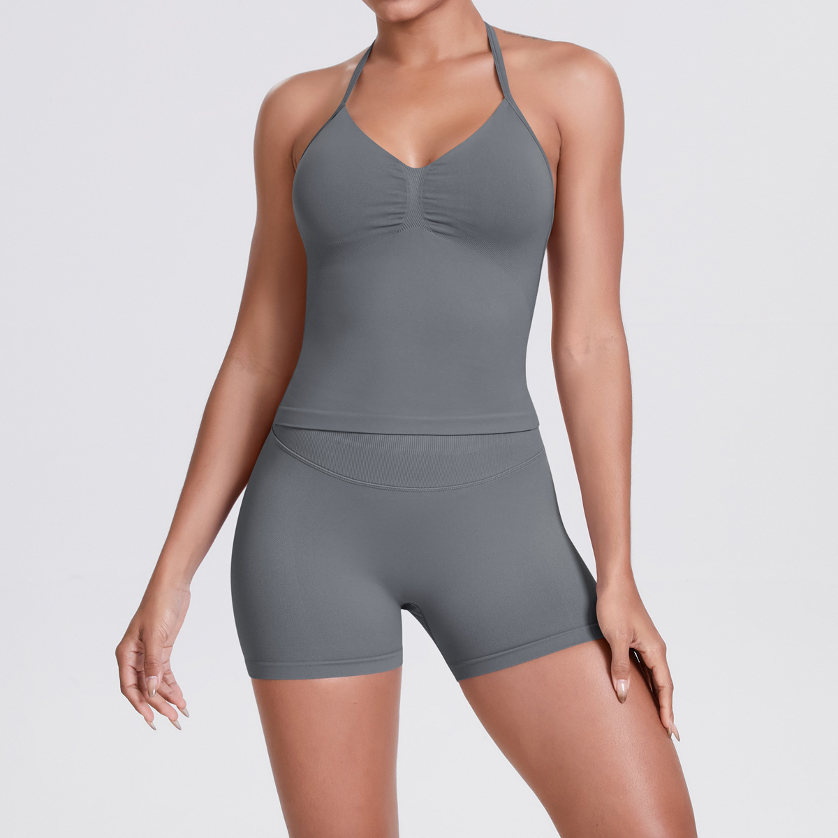 Naked Soft Fitness Set, Thin Halter Back Long Crop Tank 28 Colors, Tummy Control Compression Shorts 28 Colors, YFYS6700+YFYS6688