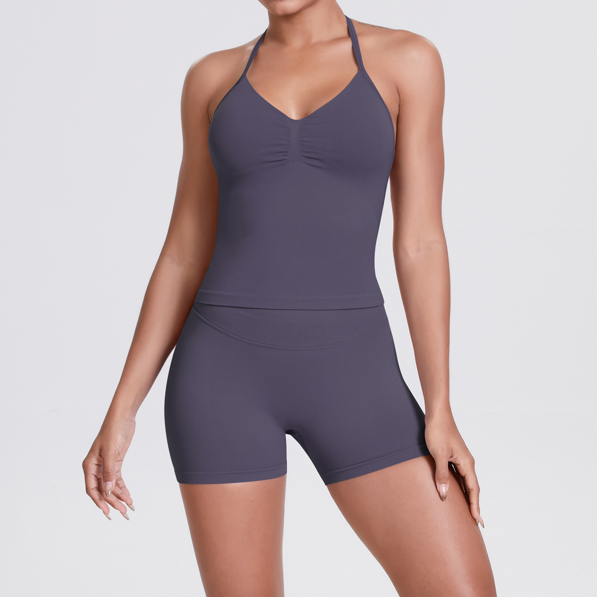 Naked Soft Fitness Set, Thin Halter Back Long Crop Tank 28 Colors, Tummy Control Compression Shorts 28 Colors, YFYS6700+YFYS6688