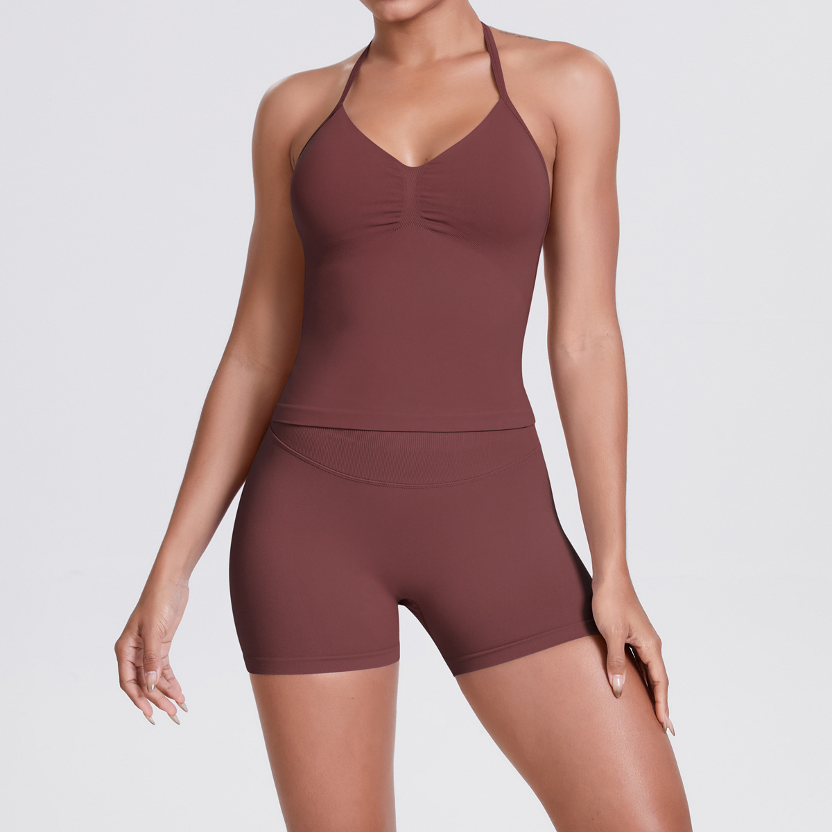 Naked Soft Fitness Set, Thin Halter Back Long Crop Tank 28 Colors, Tummy Control Compression Shorts 28 Colors, YFYS6700+YFYS6688