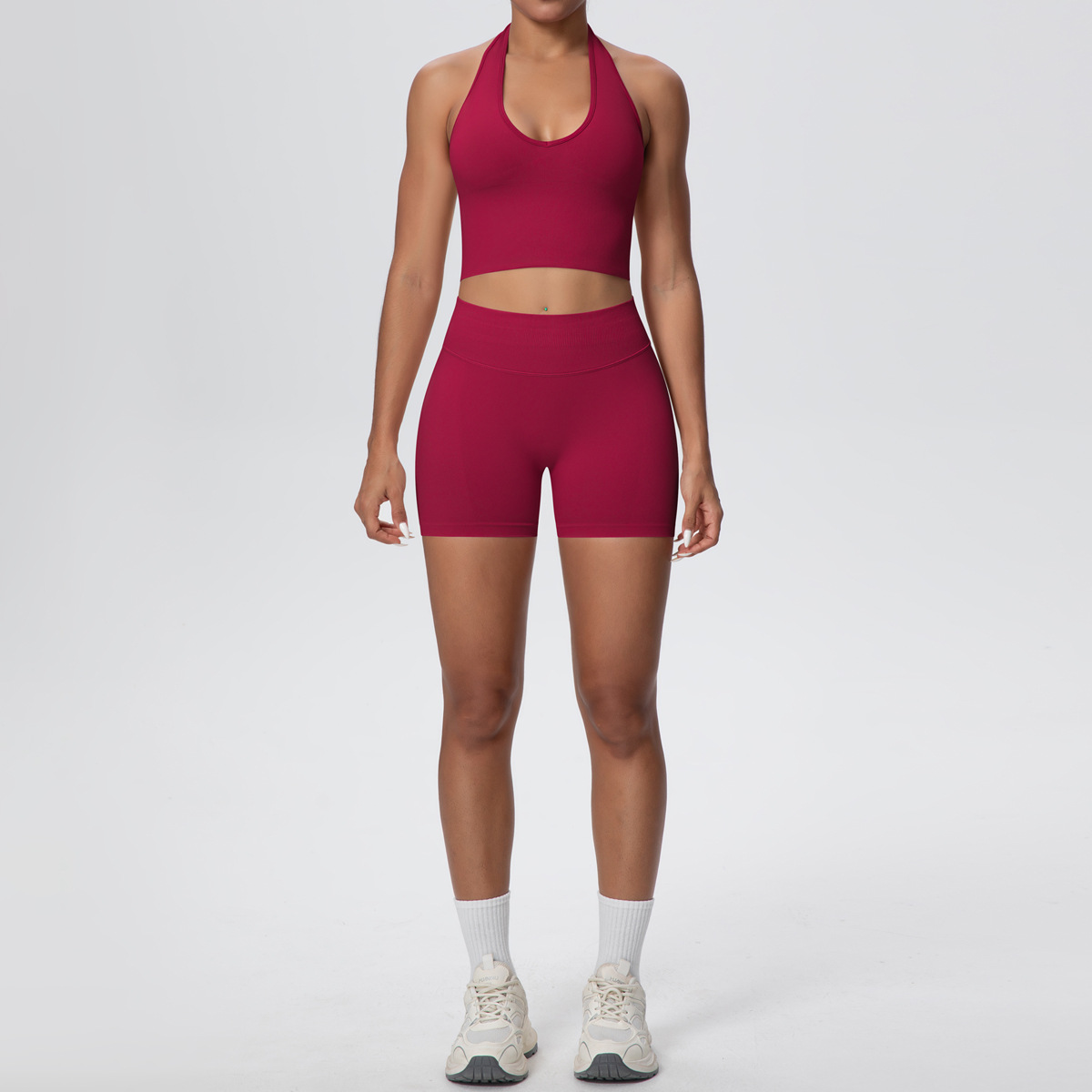 Quick Dry Training Set, Deep U Neck Halter Crop Top 10 Colors, Solid Color Tight Lifting Shorts 10 Colors, YFYS6703+YFYS6688