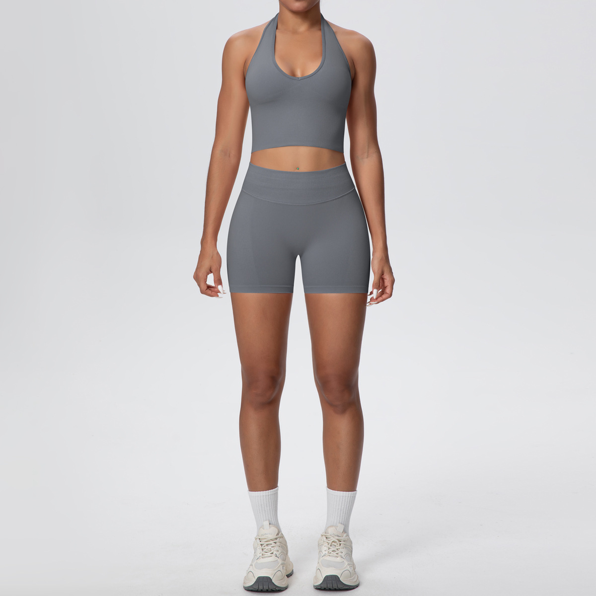 Quick Dry Training Set, Deep U Neck Halter Crop Top 10 Colors, Solid Color Tight Lifting Shorts 10 Colors, YFYS6703+YFYS6688