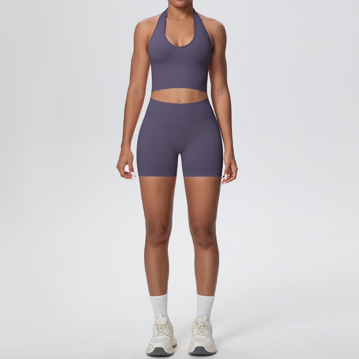 Quick Dry Training Set, Deep U Neck Halter Crop Top 10 Colors, Solid Color Tight Lifting Shorts 10 Colors, YFYS6703+YFYS6688