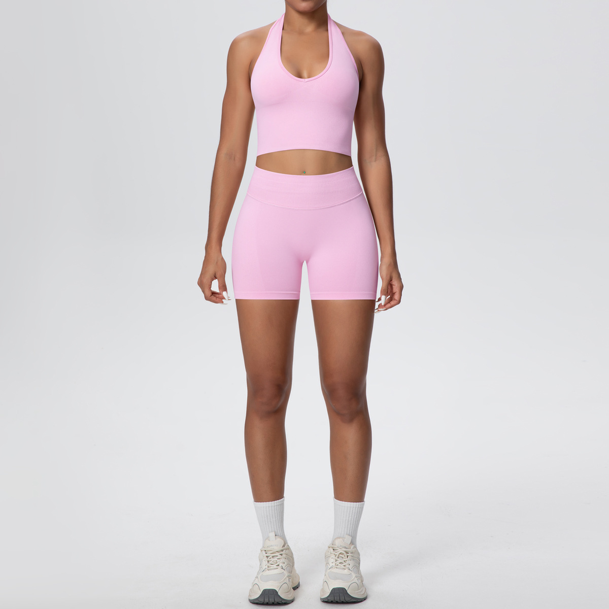 Quick Dry Training Set, Deep U Neck Halter Crop Top 10 Colors, Solid Color Tight Lifting Shorts 10 Colors, YFYS6703+YFYS6688