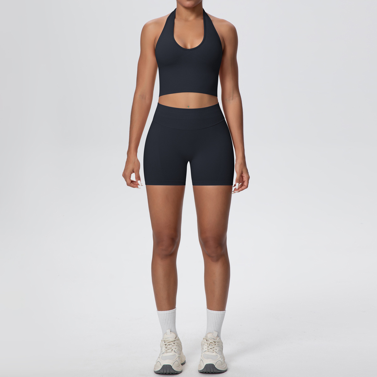 Quick Dry Training Set, Deep U Neck Halter Crop Top 10 Colors, Solid Color Tight Lifting Shorts 10 Colors, YFYS6703+YFYS6688