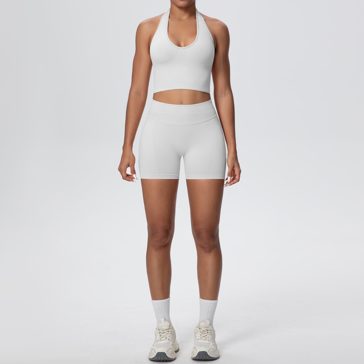 Quick Dry Training Set, Deep U Neck Halter Crop Top 10 Colors, Solid Color Tight Lifting Shorts 10 Colors, YFYS6703+YFYS6688