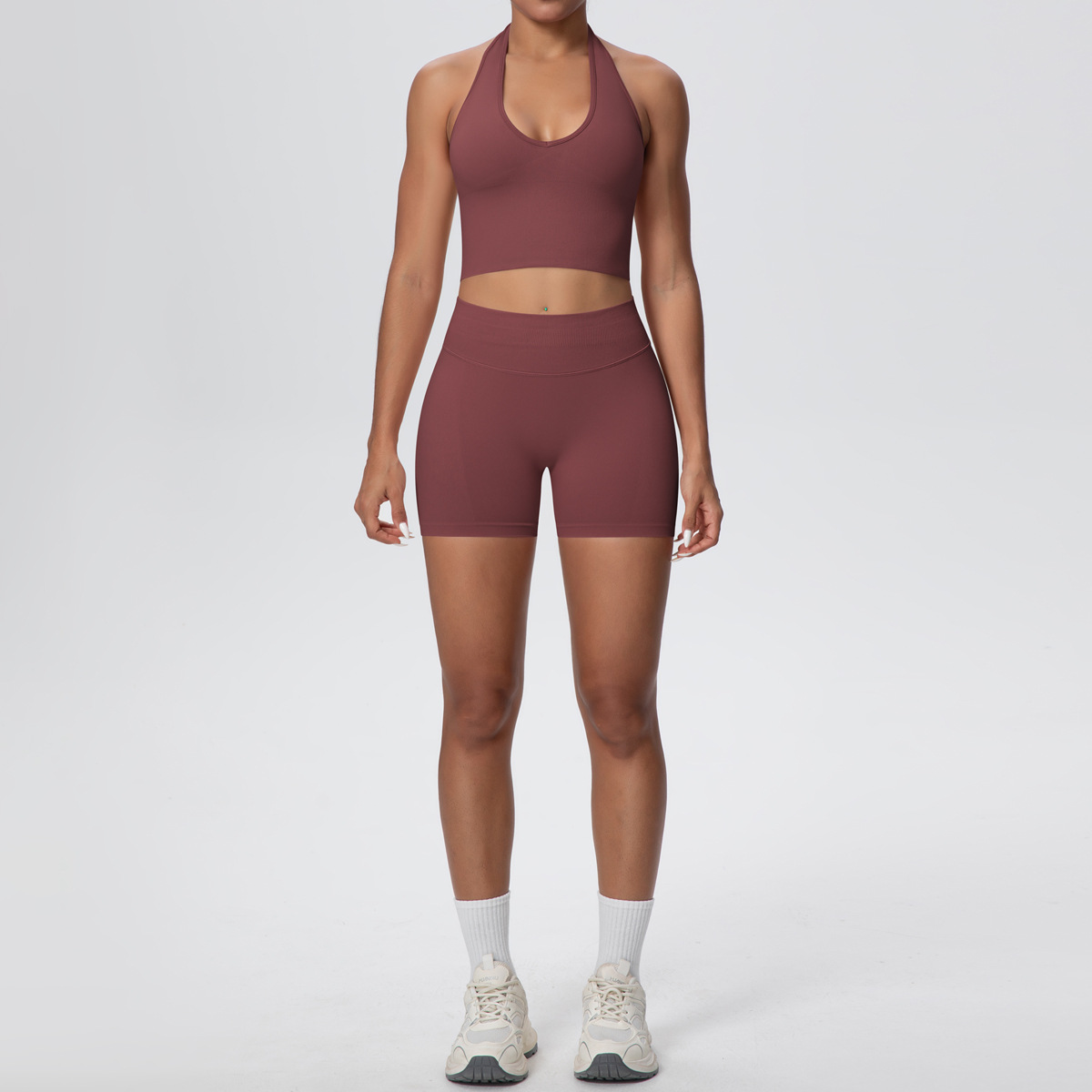 Quick Dry Training Set, Deep U Neck Halter Crop Top 10 Colors, Solid Color Tight Lifting Shorts 10 Colors, YFYS6703+YFYS6688