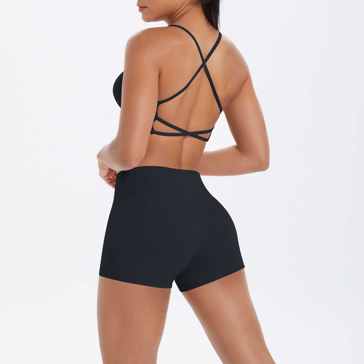Naked Soft Fitness Set, Multi Thin Strap Cross Back Crop Bra 10 Colors, Tummy Control Compression Shorts 10 Colors, YFYS7112+YFYS7101
