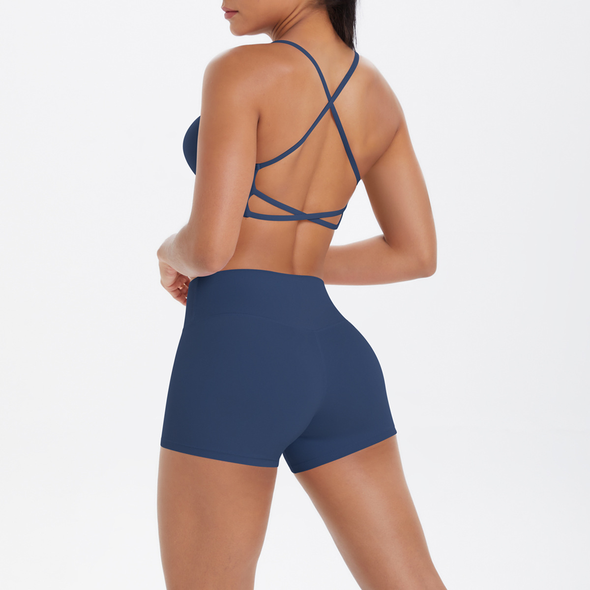 Naked Soft Fitness Set, Multi Thin Strap Cross Back Crop Bra 10 Colors, Tummy Control Compression Shorts 10 Colors, YFYS7112+YFYS7101