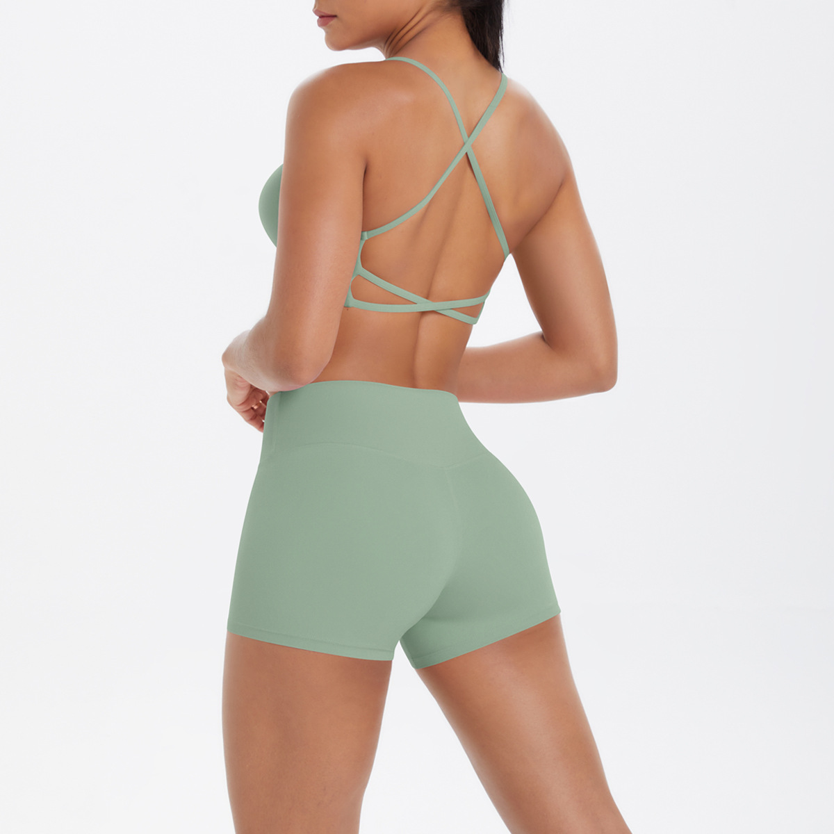 Naked Soft Fitness Set, Multi Thin Strap Cross Back Crop Bra 10 Colors, Tummy Control Compression Shorts 10 Colors, YFYS7112+YFYS7101