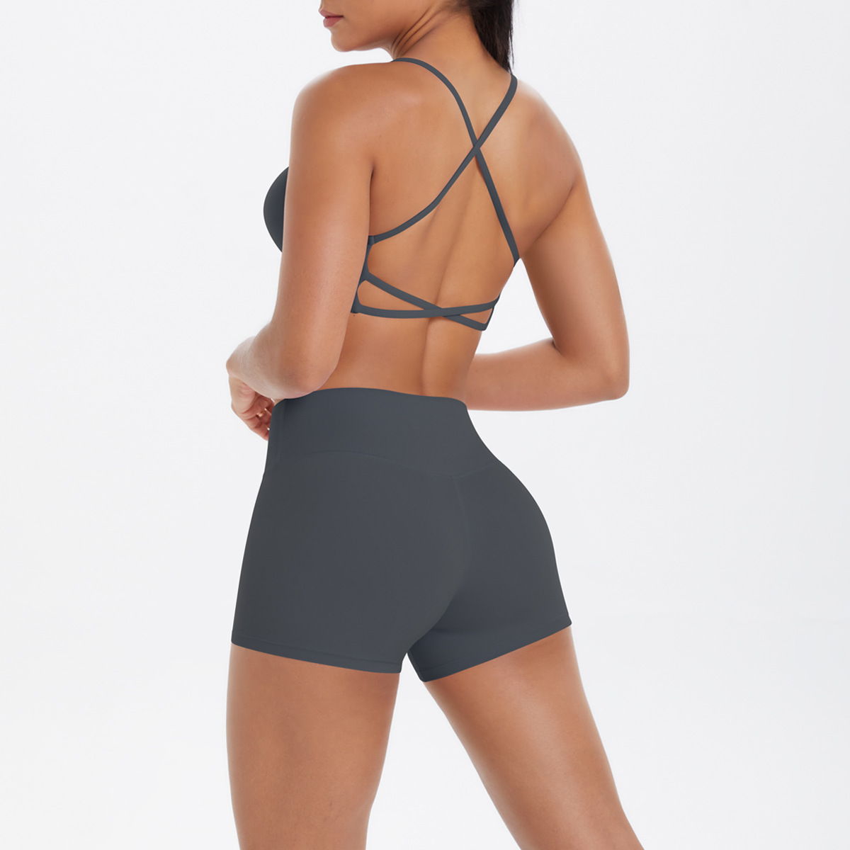 Naked Soft Fitness Set, Multi Thin Strap Cross Back Crop Bra 10 Colors, Tummy Control Compression Shorts 10 Colors, YFYS7112+YFYS7101