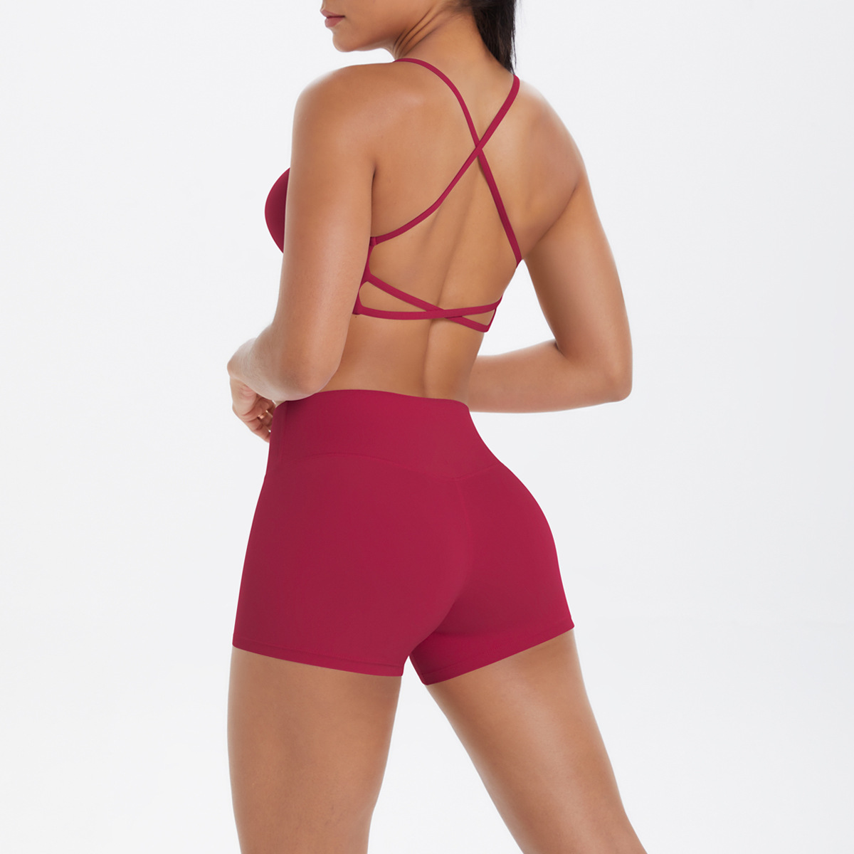 Naked Soft Fitness Set, Multi Thin Strap Cross Back Crop Bra 10 Colors, Tummy Control Compression Shorts 10 Colors, YFYS7112+YFYS7101