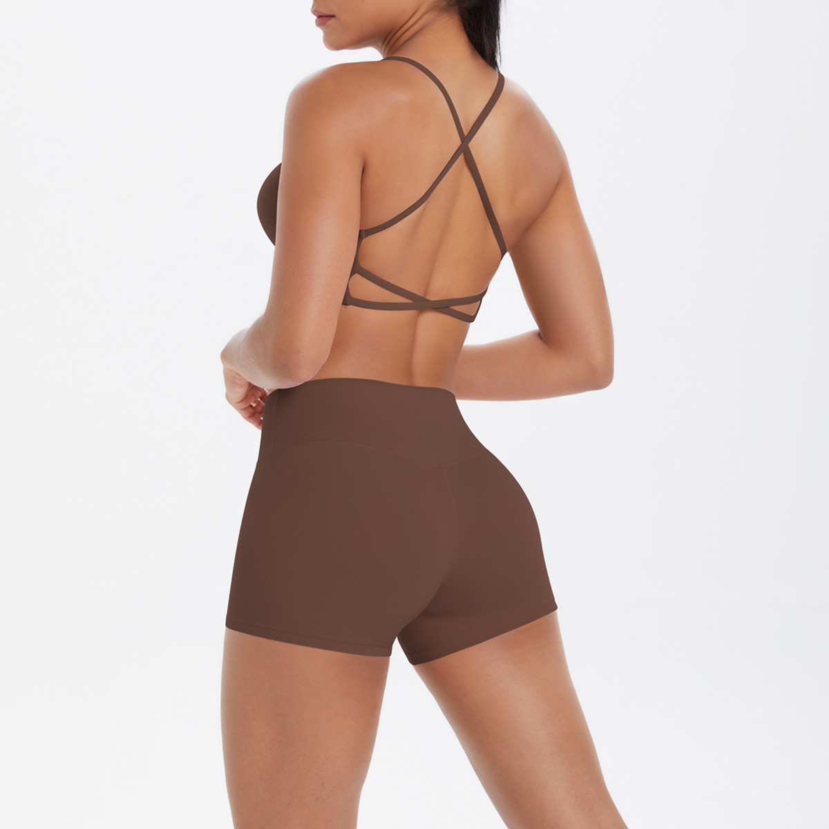 Women U Neck Halter Yoga 2-Piece Outfit, Hollow Back Halter Sports Bra 7 Colors, High Waist Side Pocket Biker Shorts 7 Colors, YFYS7125+YFYS7109