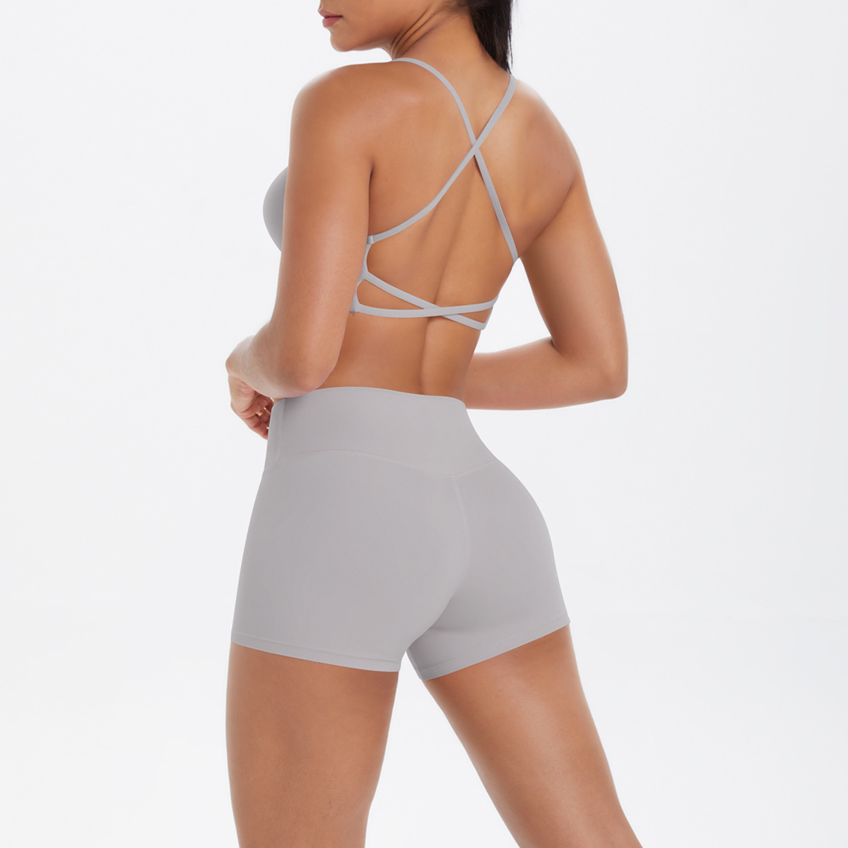 Women U Neck Halter Yoga 2-Piece Outfit, Hollow Back Halter Sports Bra 7 Colors, High Waist Side Pocket Biker Shorts 7 Colors, YFYS7125+YFYS7109