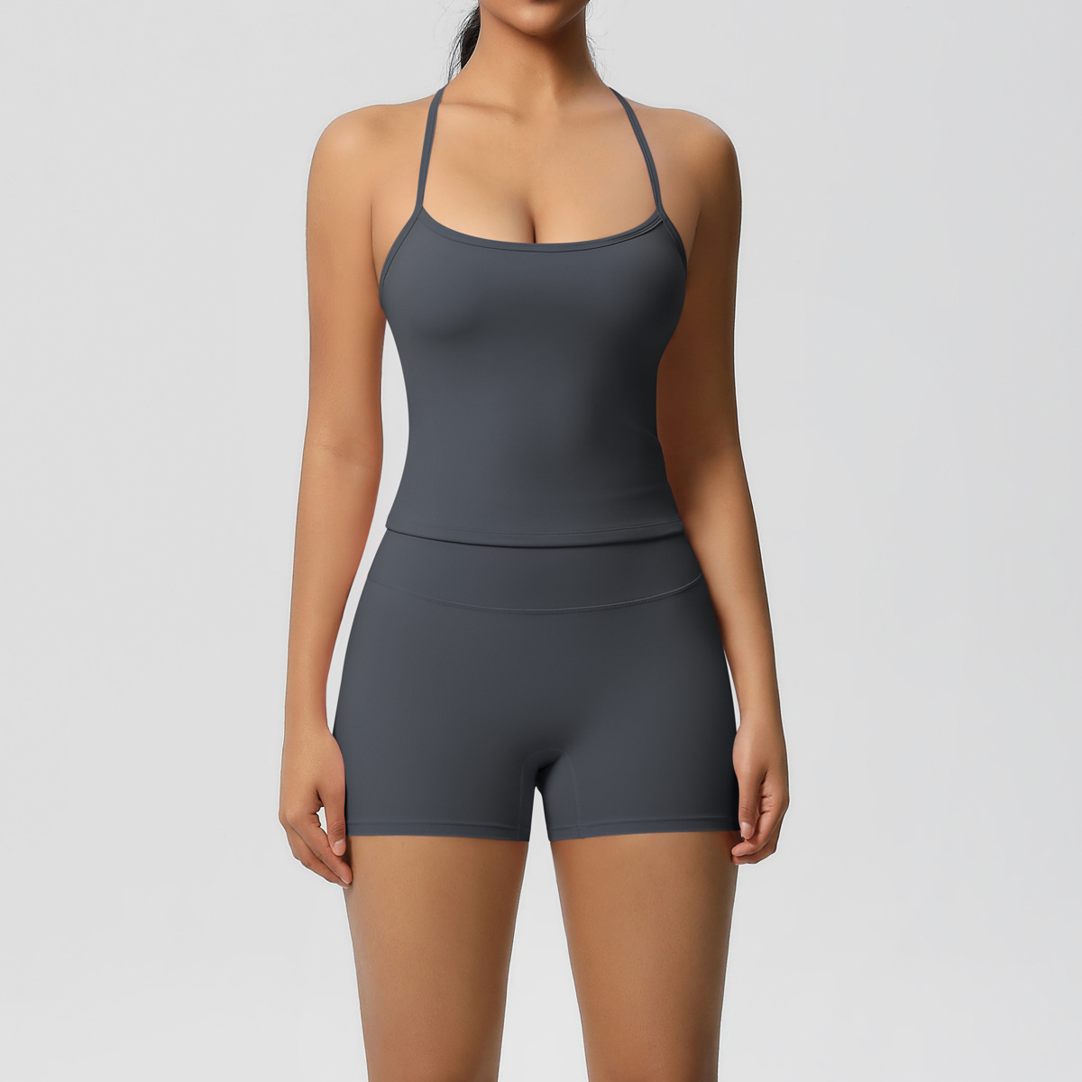 Daily Casual Yoga Matching Outfit, Cross Back Longline Cami Top 15 Colors, Slim Fit Seamless Biker Shorts 15 Colors, YFYS7107+YFYS7101