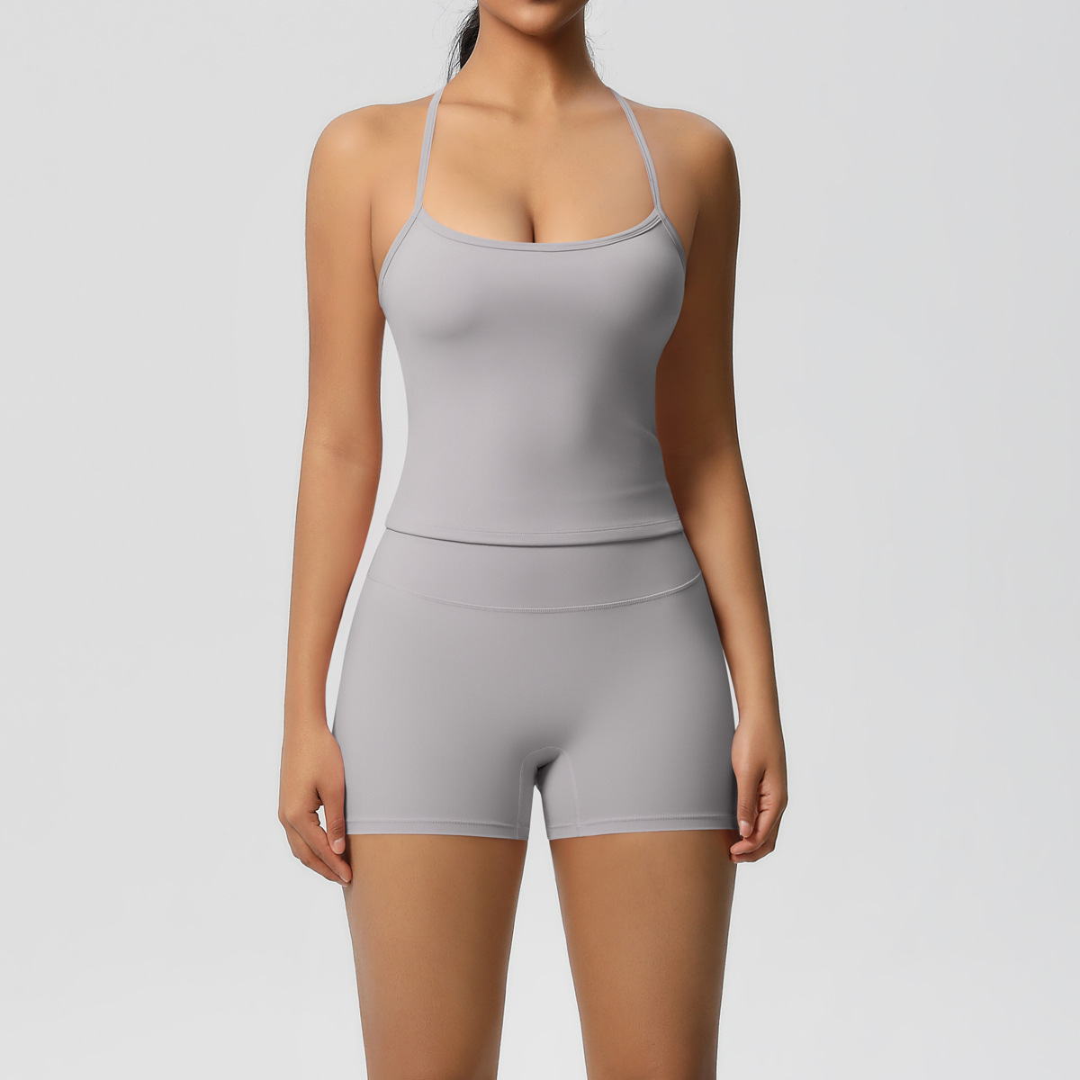 Daily Casual Yoga Matching Outfit, Cross Back Longline Cami Top 15 Colors, Slim Fit Seamless Biker Shorts 15 Colors, YFYS7107+YFYS7101