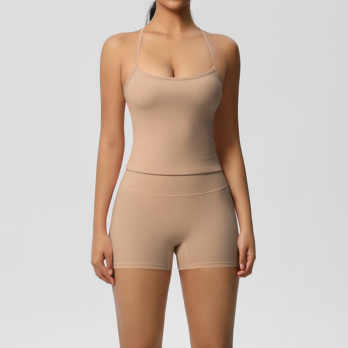 Daily Casual Yoga Matching Outfit, Cross Back Longline Cami Top 15 Colors, Slim Fit Seamless Biker Shorts 15 Colors, YFYS7107+YFYS7101