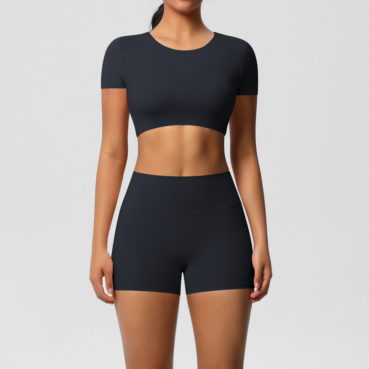 Women Crew Neck Short Sleeve Yoga 2-Piece Outfit, Round Neck Cropped Sports Top 10 Colors, High Waist Butt Lifting Biker Shorts 10 Colors, YFYS7105+YFYS7101