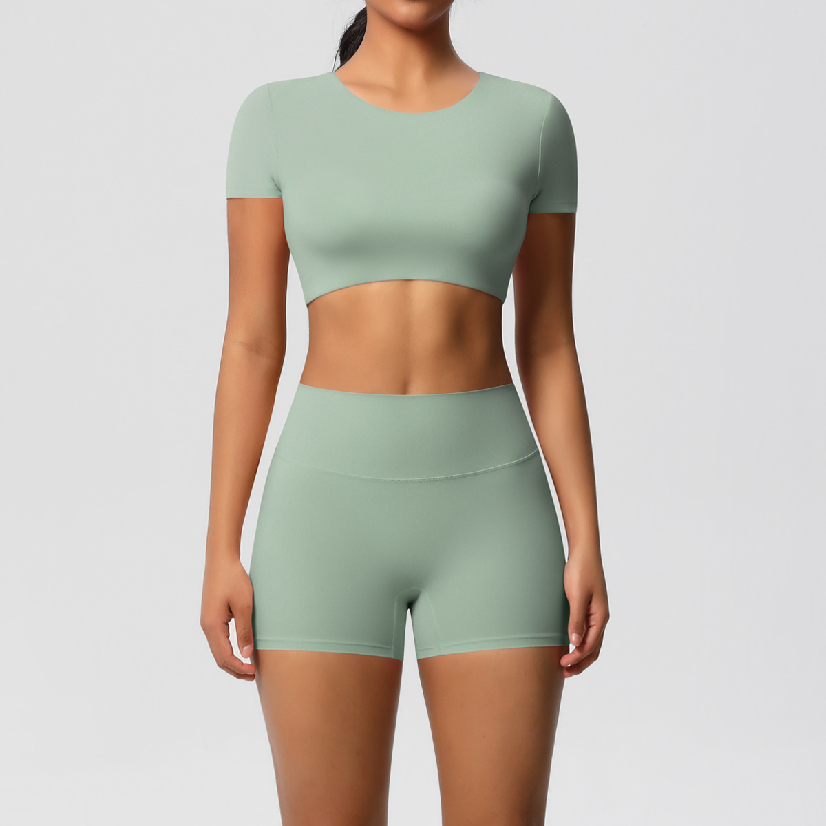 Women Crew Neck Short Sleeve Yoga 2-Piece Outfit, Round Neck Cropped Sports Top 10 Colors, High Waist Butt Lifting Biker Shorts 10 Colors, YFYS7105+YFYS7101